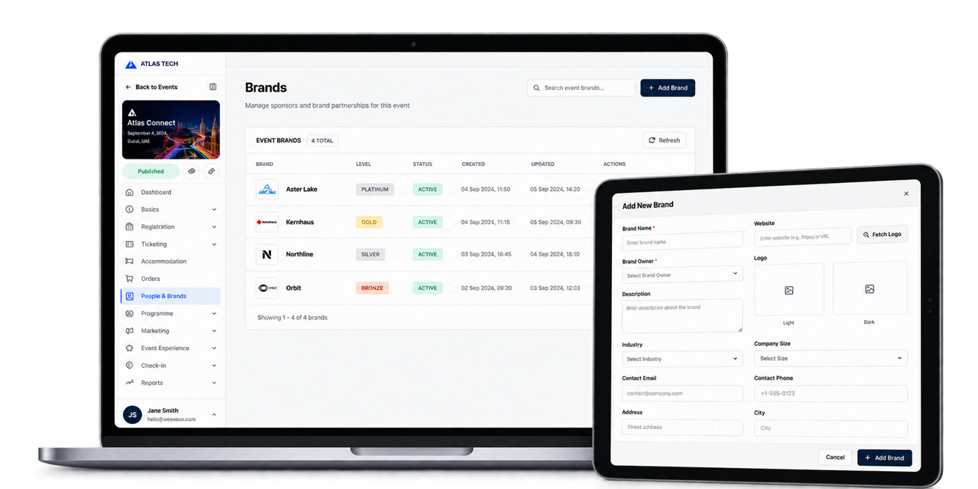 Event brand management with sponsor levels and a brand profile form
