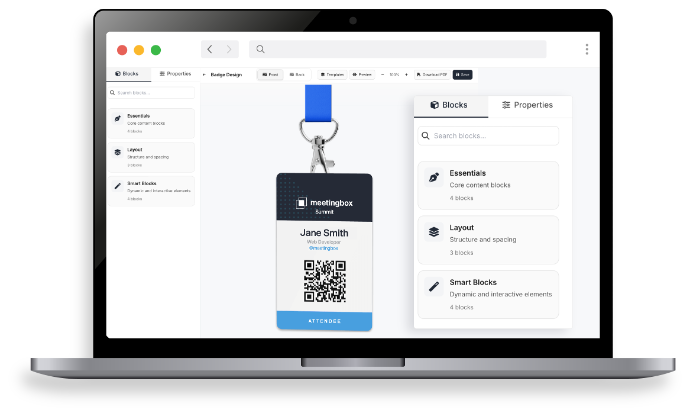Badge-Designer mit Event-Badge, Gästedaten und QR-Code