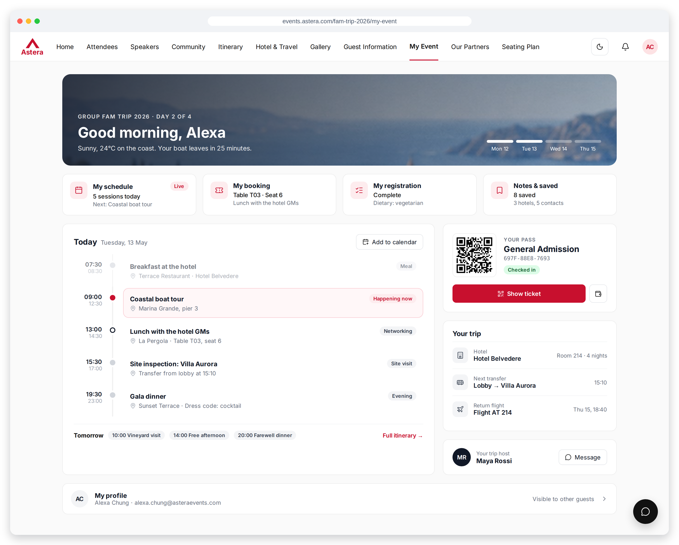 Gebrandete My-Event-Desktopansicht mit Programm, Buchungen, Anmeldung und QR-Pass