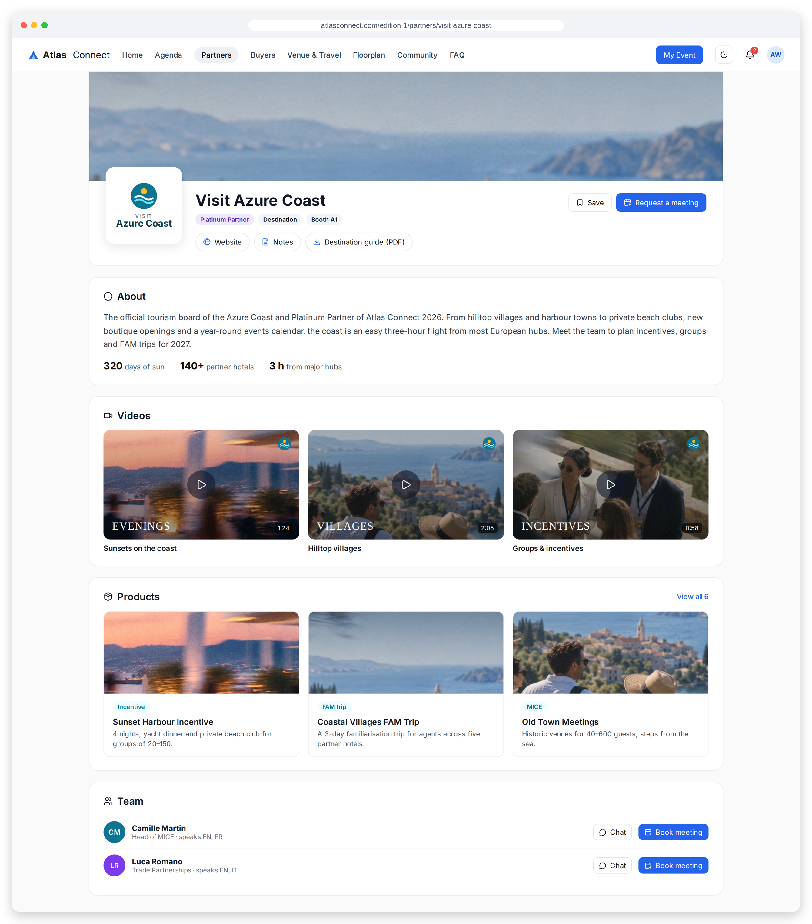 Guest-facing partner page with company profile, videos, products and team