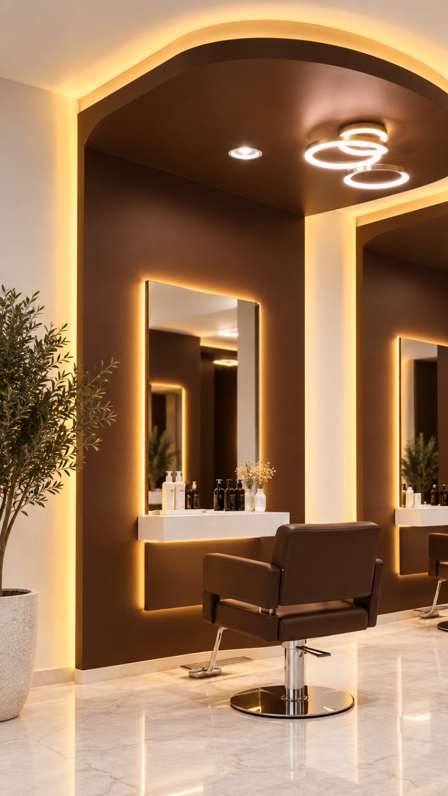 Luxury Salon Interior with Sculpted Gypsum Ceiling & Ambient Lighting