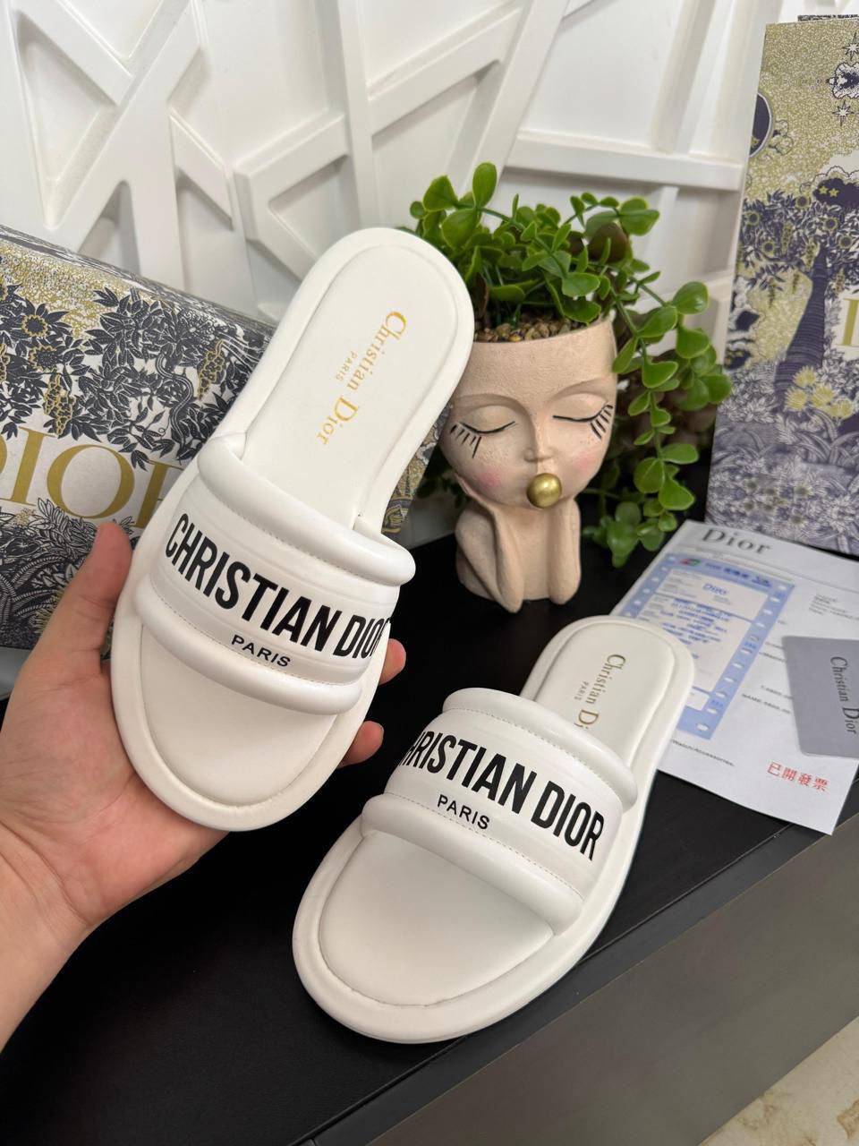 Christian Dior – Sandalias Slide White Oblique (Dama)