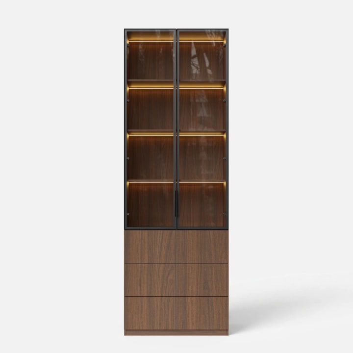 2-Door Glass Display Cabinet with 3 Drawers-Brown