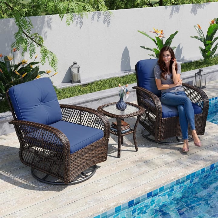 3-Piece Wicker Patio Bistro Set with Swivel Rocking Chairs - Blue