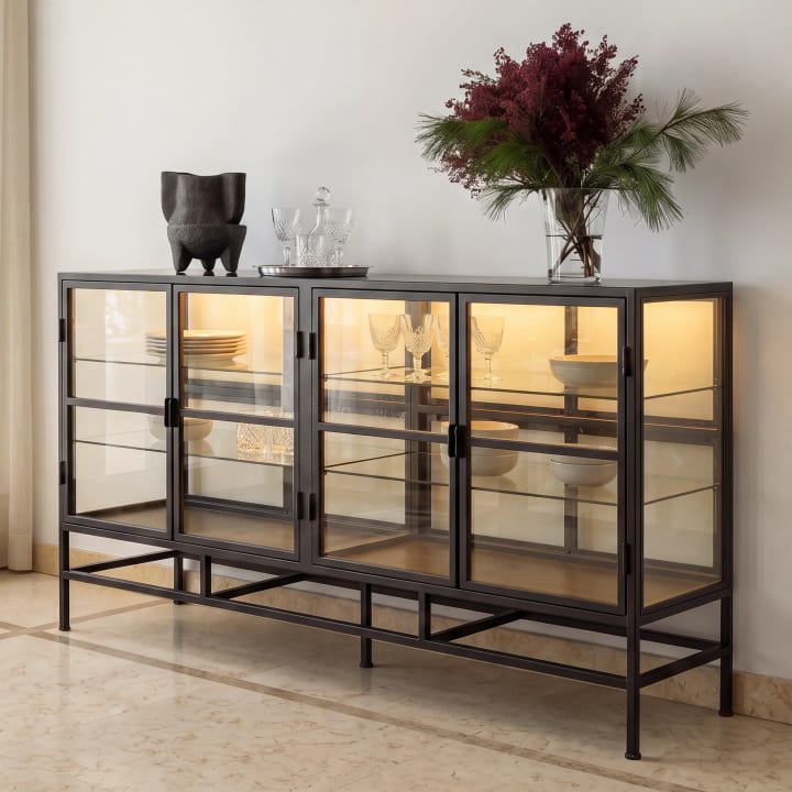 4-Door Glass Display Cabinet with Metal Legs and Lighting
