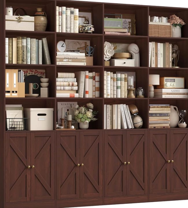 70.9" Wide Farmhouse Bookshelf, 8 Doors, Cherry