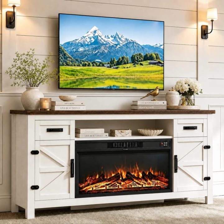 70-Inch Farmhouse Fireplace TV Stand - 70-Inch White / Black