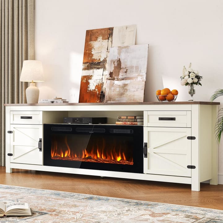 70-Inch Farmhouse Fireplace TV Stand - 80-Inch White / Black