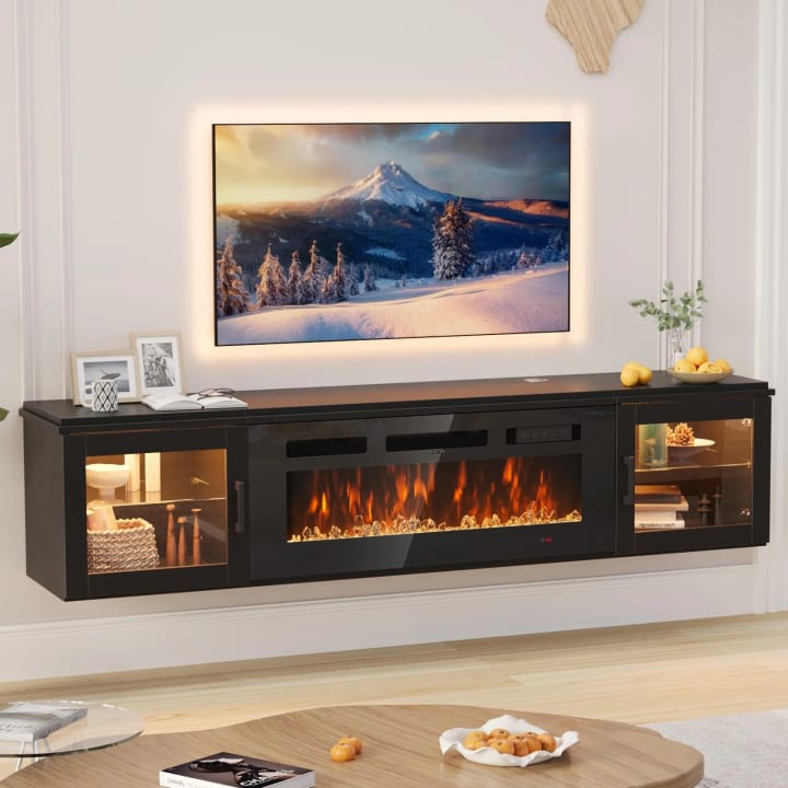 70-Inch Modern Fireplace TV Stand, Black