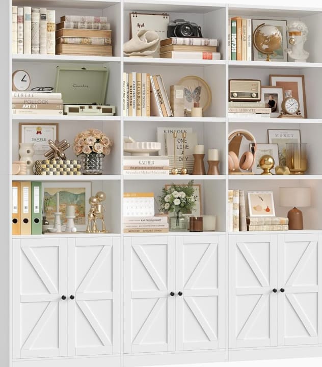 75" Triple Wide Bookshelf, White, 6 Farmhouse Doors