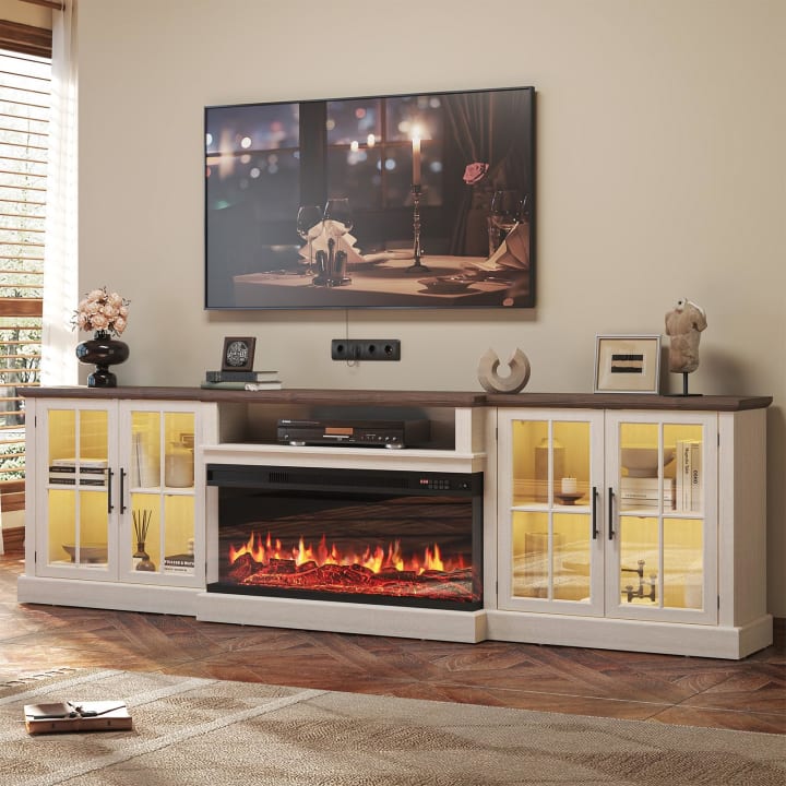 98-Inch Modern Fireplace TV Stand - 98-Inch Black / White