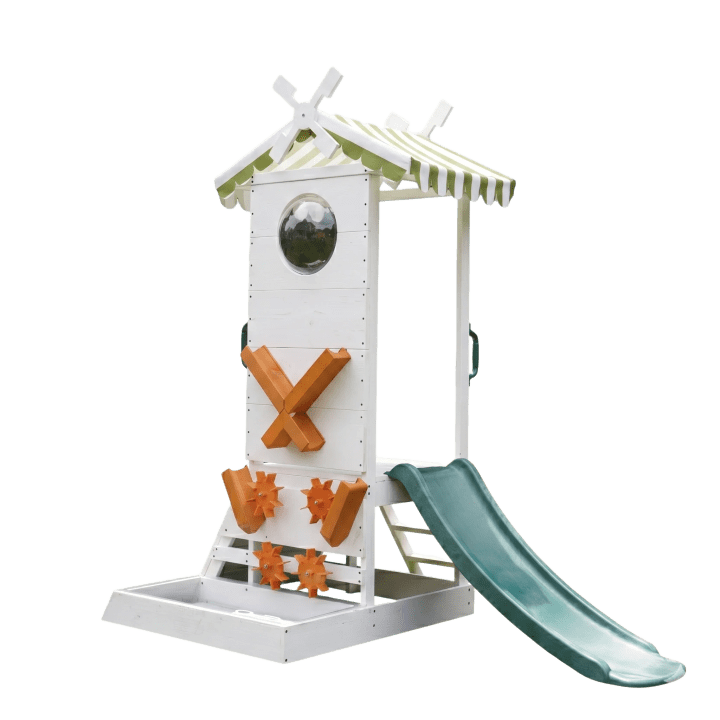 Aloe Wooden Outdoor Playhouse – Slide, Water Wheel Station & Steering Wheel for Toddlers
