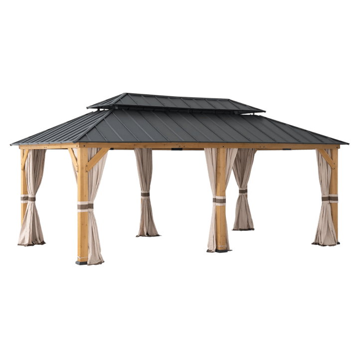 Cedar Frame Gazebo with Galvanized Steel Roof and Curtains, 12' x 20'