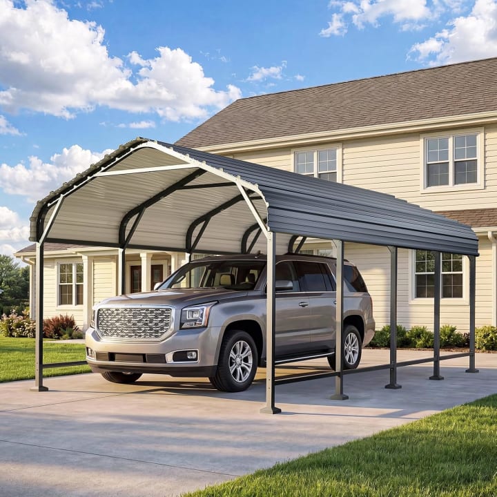 Galvanized Metal Carport - 12' x 20' / Black / Galvanized Metal