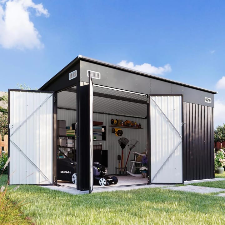Heavy-Duty Metal Storage Shed with Sloping Roof - 12' x 8' / Black