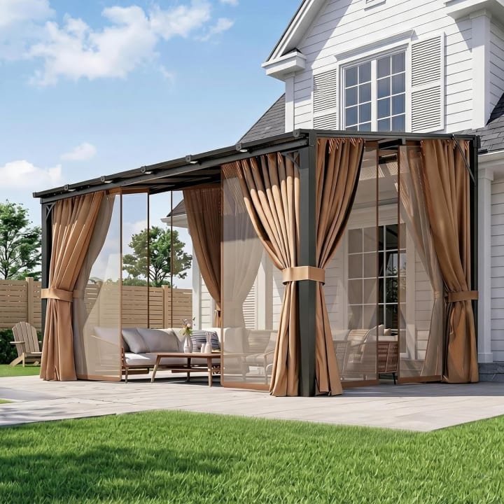 Lean-To Pergola with Curtains and Netting - 12' x 10'