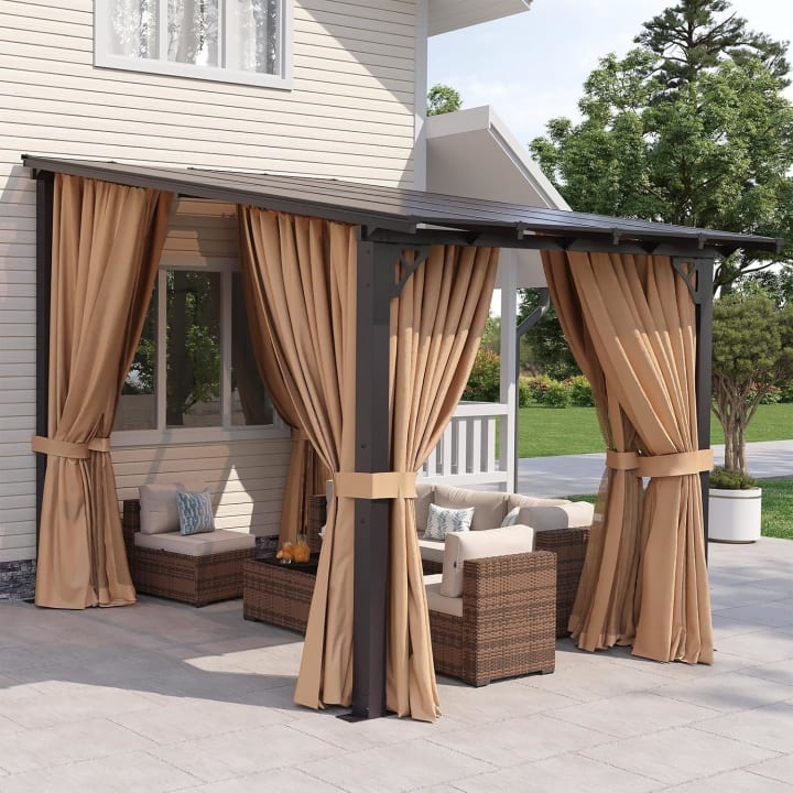 Lean-To Pergola with Curtains and Netting - 8' x 10'