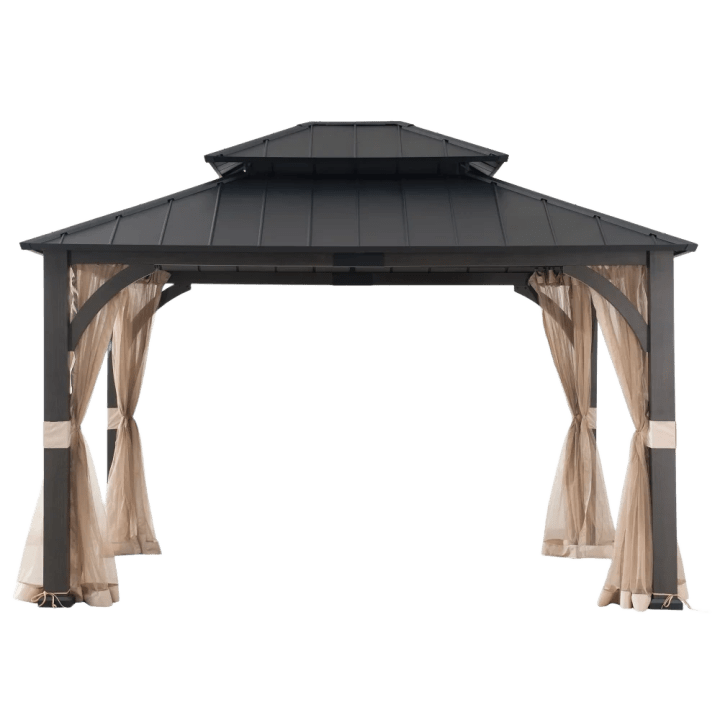 Meridian Woodgrain Tall Metal Gazebo with Netting, 2-Tier Steel Roof 13' × 15'