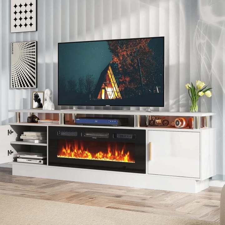 Modern Fireplace TV Stand - 70-Inch White / Black