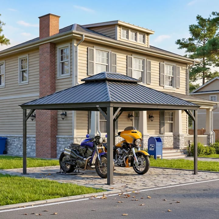 Outdoor Metal Carport with Steel Roof - 12' x 14'