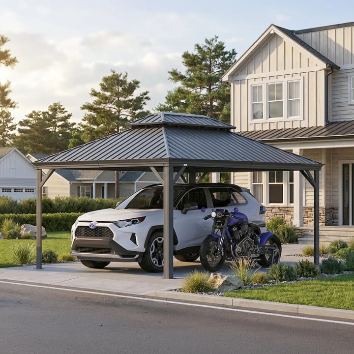 Outdoor Metal Carport with Steel Roof - 12' x 16'