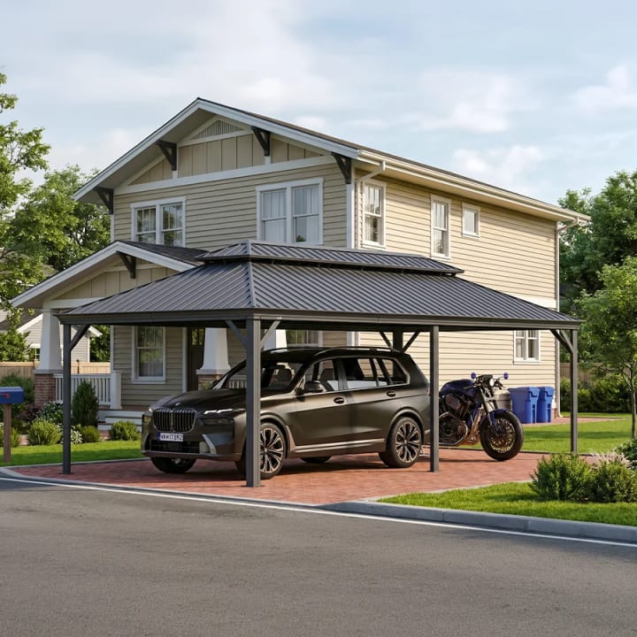Outdoor Metal Carport with Steel Roof - 12' x 24'