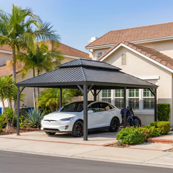 Outdoor Metal Carport with Steel Roof - 13' x 20'