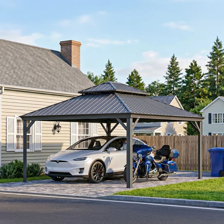 Outdoor Metal Carport with Steel Roof - 14' x 16'