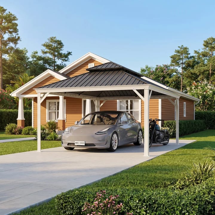 White Metal Carport with Galvanized Steel Roof Aluminum Frame All-Weather Car Shelter - 13' x 17'