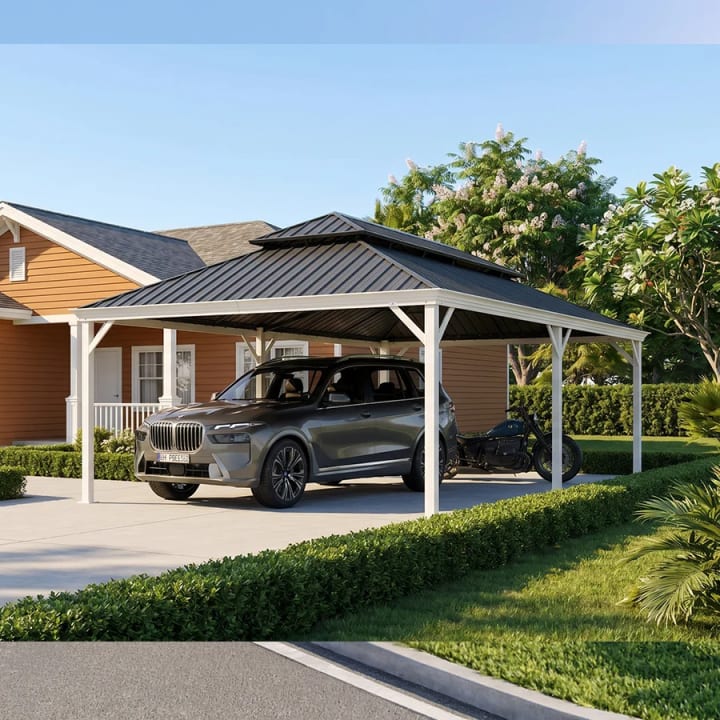 White Metal Carport with Galvanized Steel Roof Aluminum Frame All-Weather Car Shelter - 14' x 28'