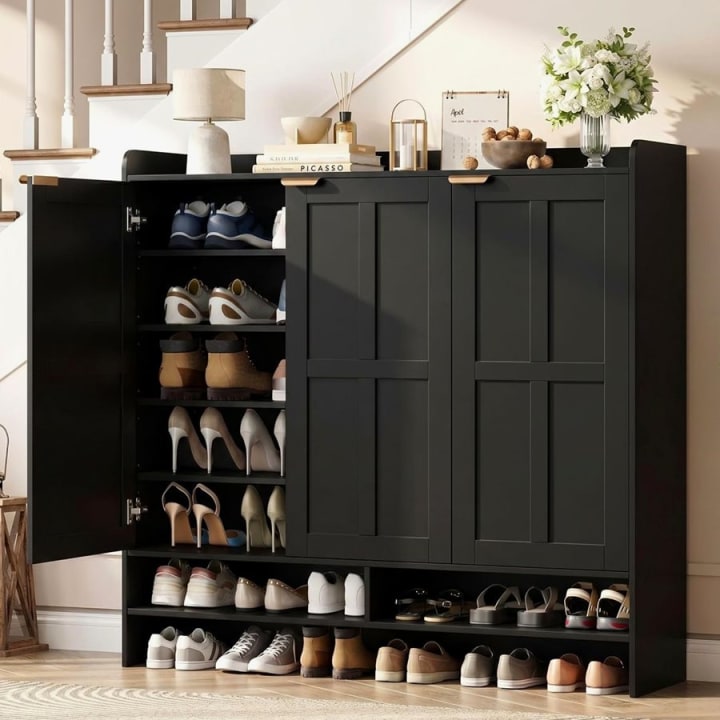 Wide Farmhouse Shoe Cabinet, 47.6", 3 Doors, Black