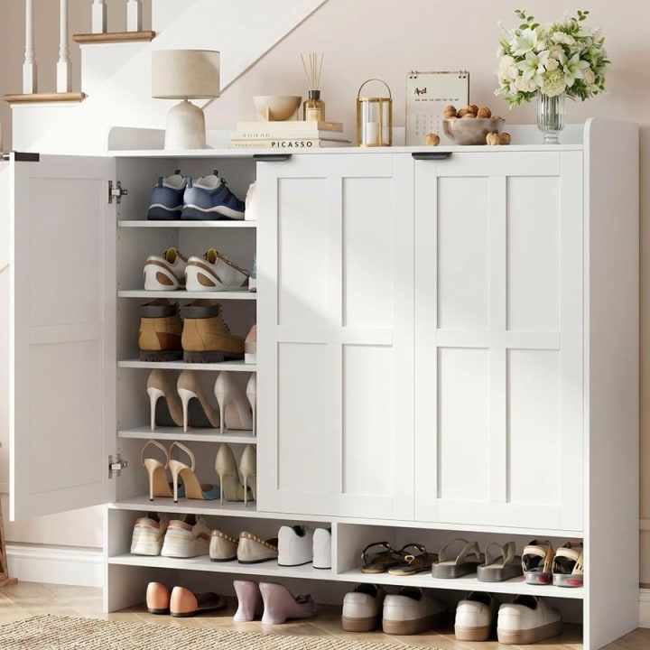 Wide Farmhouse Shoe Cabinet, 47.6", 3 Doors, White