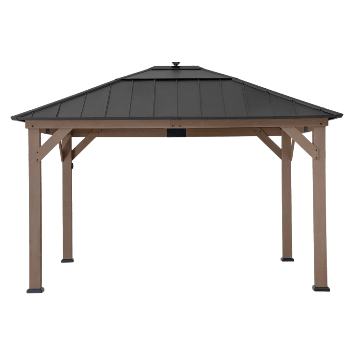 Wooden Gazebo with Solar Panel, LED Lights and Ceiling Hook, 11' x 13' - Weathered Cedar