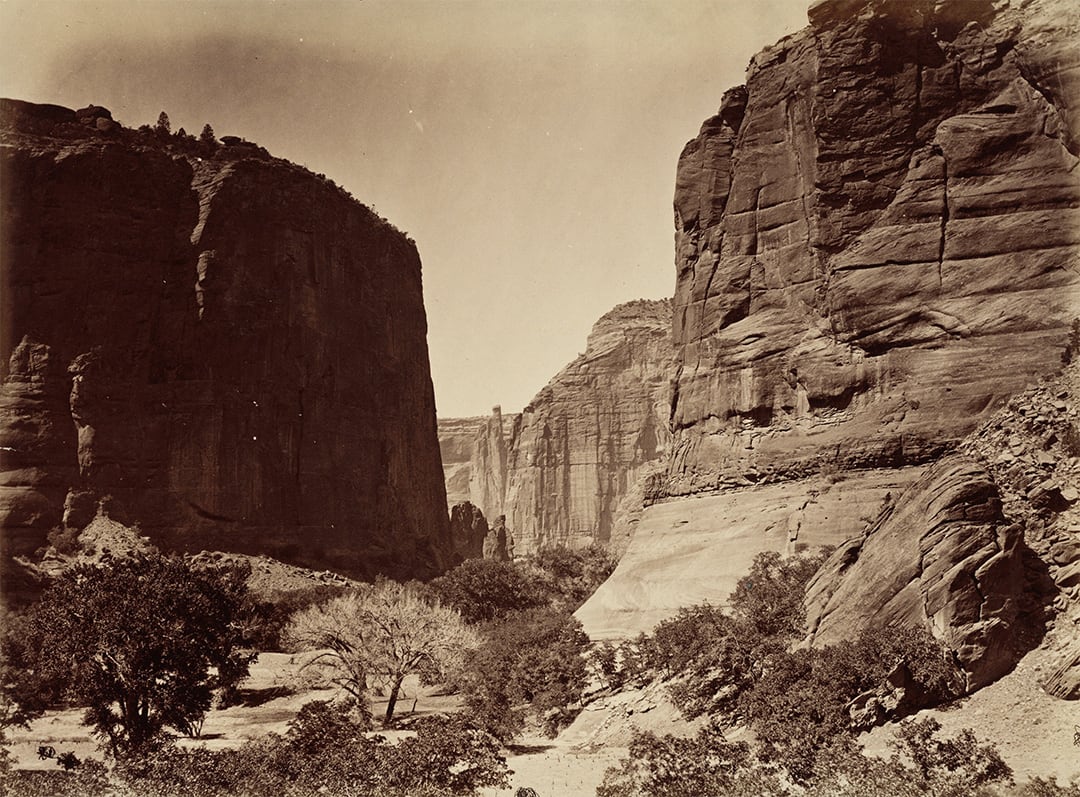 Head of Cañon de Chelle, Looking Down, Walls 1200 feet in height, Arizona, 1873; Photo by Timothy H. O'Sullivan.