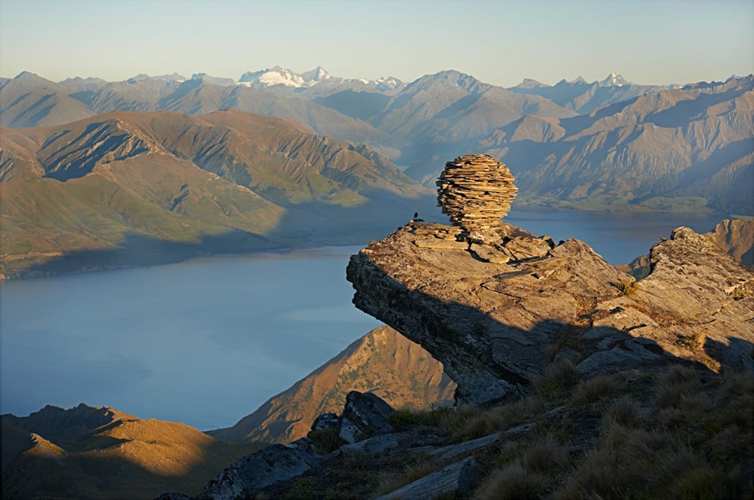 Stacked Stone Sphere Summer. Sculpture. Breast Hill, Lake Hawea, New Zealand. 2011