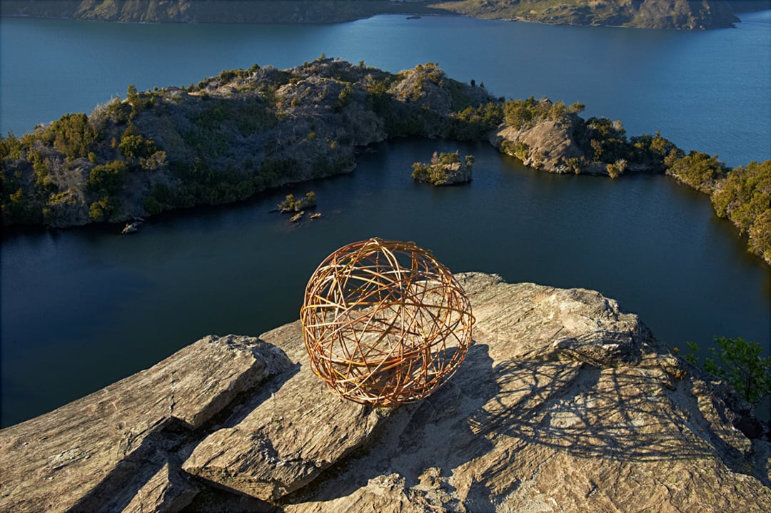 Bracken Sphere. Sculpture. Mou Waho Island, Lake Wanaka, New Zealand. 2011
