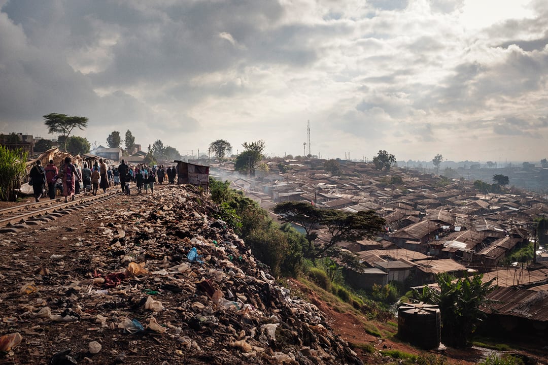 Kenya, Nairobi. A view of the Kibera slum, where many environmental migrants, fleeing their lands due to climate change an...