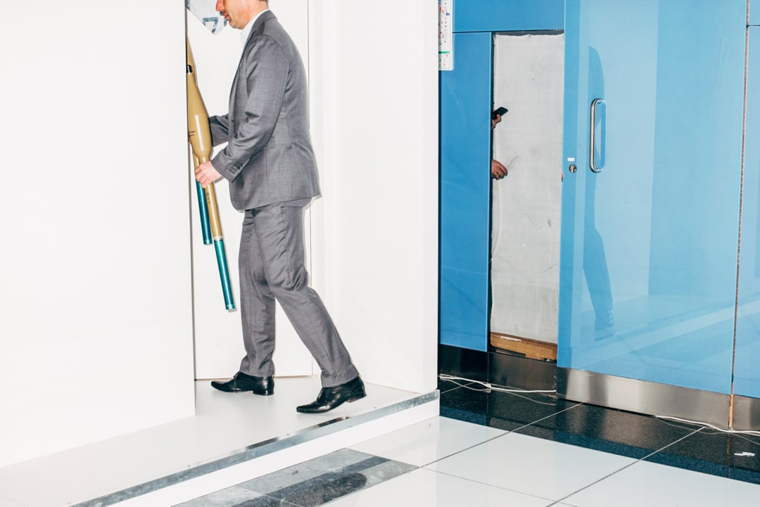 A trader locks away two anti-tank grenades by Bulargian KINTEX. IDEX Expo, Abu Dhabi, UAE, 2019