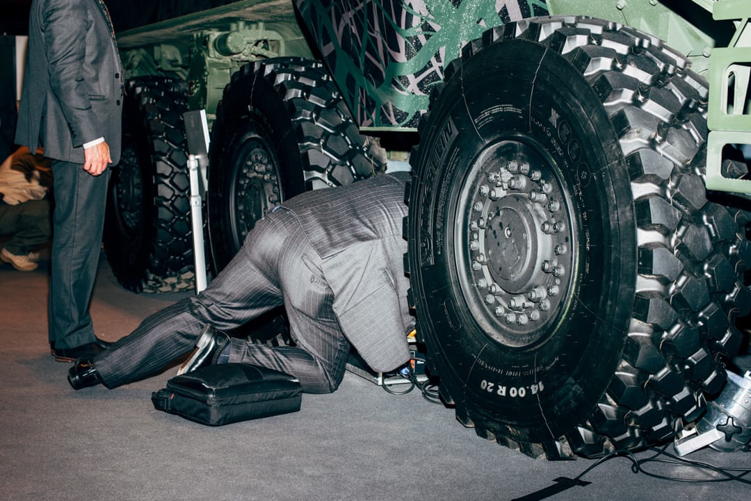 After the presentation of the Finnish Patria 6x6 armoured vehicle. EUROSATORY, Paris, France, 2018