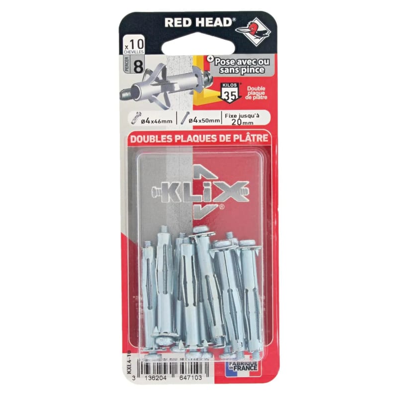 Cheville Klix Ø 6 x 46 mm avec vis / 10 unités - RH