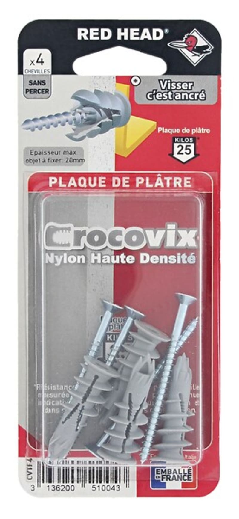 Cheville Crocovix Ø 4,5 x 60 mm avec vis TF / 4 unités