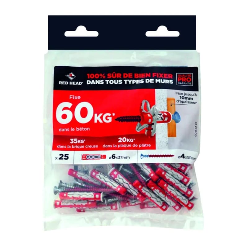 Cheville BMX Ø 10 x 60 mm avec vis / 4 unités - RED HEAD