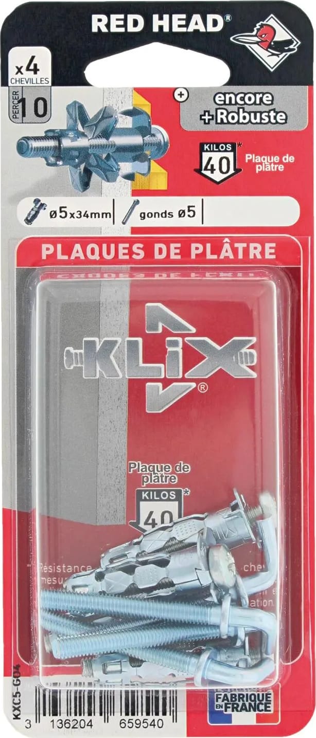 Cheville Klix Ø 5 x 34 mm avec vis / 4 unités - RH