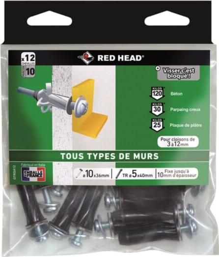 Cheville Xtech Ø 10 x 36 mm avec gonds / 2 unités - RH