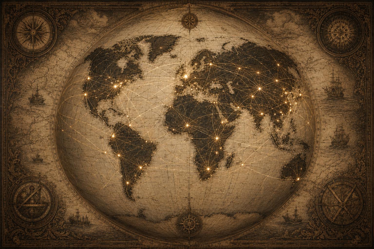 An intricate vintage-style world map featuring hand-drawn cartographic elements, navigation compasses, and delicate gold connecting lines that form a complex network across continents. The aesthetic is sovereign and academic, utilizing a palette of aged parchment linen and burnt espresso blacks. Dramatic high-key lighting illuminates specific nodes of activity, giving the impression of a global strategic plan in an editorial layout.