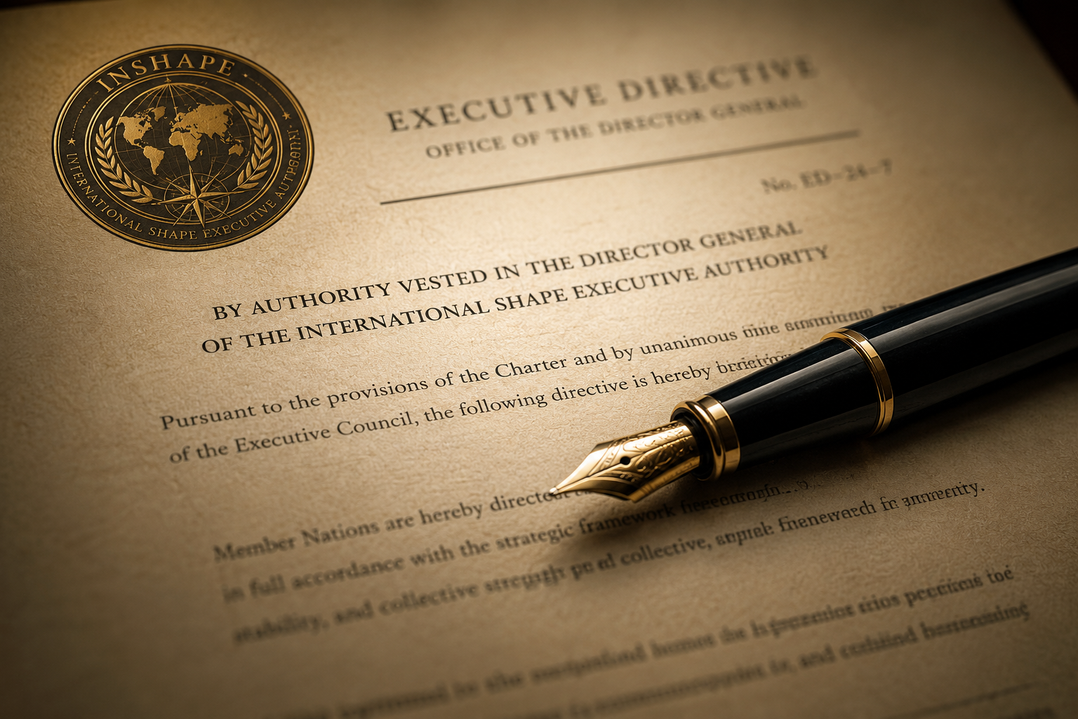 A close-up shot of a fountain pen resting on a formal government document with the INSHAPE seal barely visible in the corner. The lighting is soft and warm, highlighting the texture of the high-quality parchment paper. The scene represents executive governance and intellectual authority.