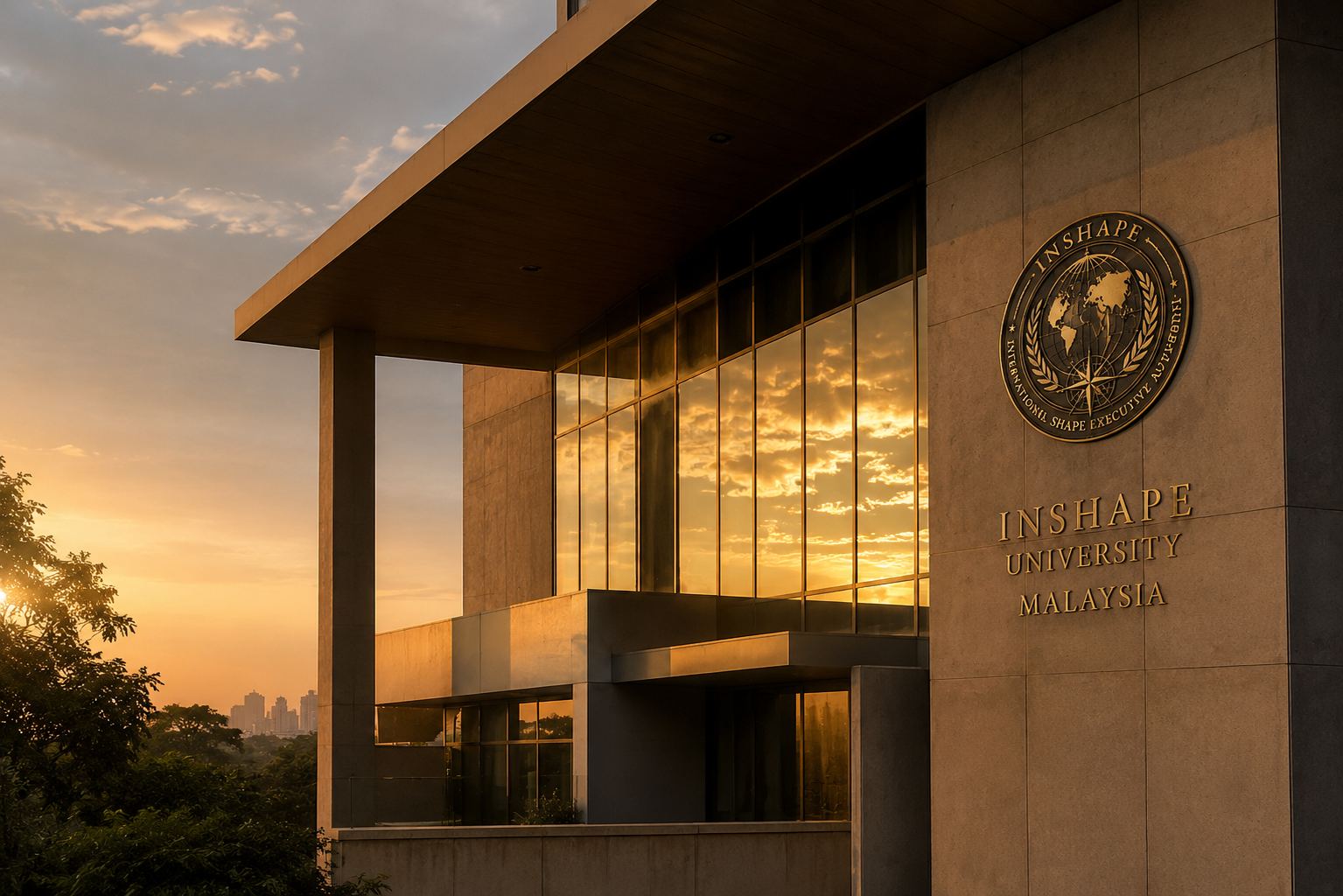 A sophisticated architectural detail of a modern university building in Malaysia, featuring clean geometric lines and a warm golden sunset reflection on large glass panes. The image has a high end editorial feel with deep shadows and highlighted textures of concrete and glass, reflecting the prestige of INSHAPE.