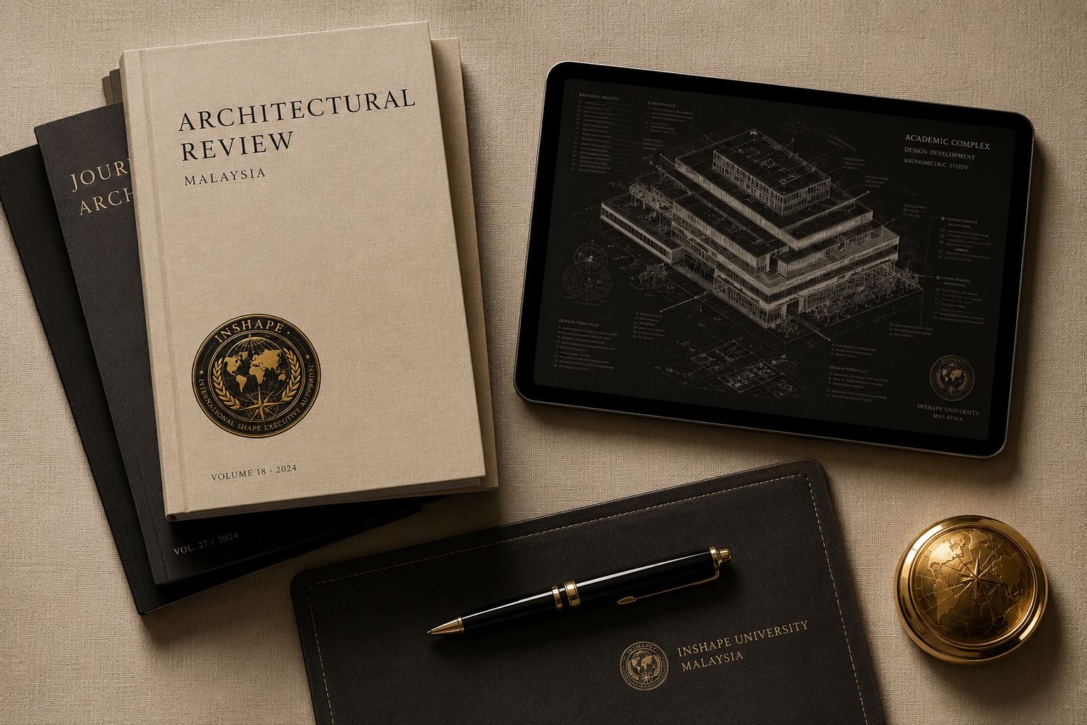 A minimalist overhead view of a clean workspace featuring a stack of academic journals, a sleek tablet showing a complex architectural diagram, and a small gold paperweight. The palette is dominated by linen, espresso, and gold accents, projecting an atmosphere of academic rigor and modern luxury.