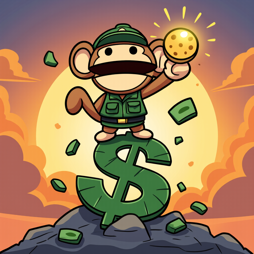 Triumphant ape standing on crumbling dollar sign holding golden cookie