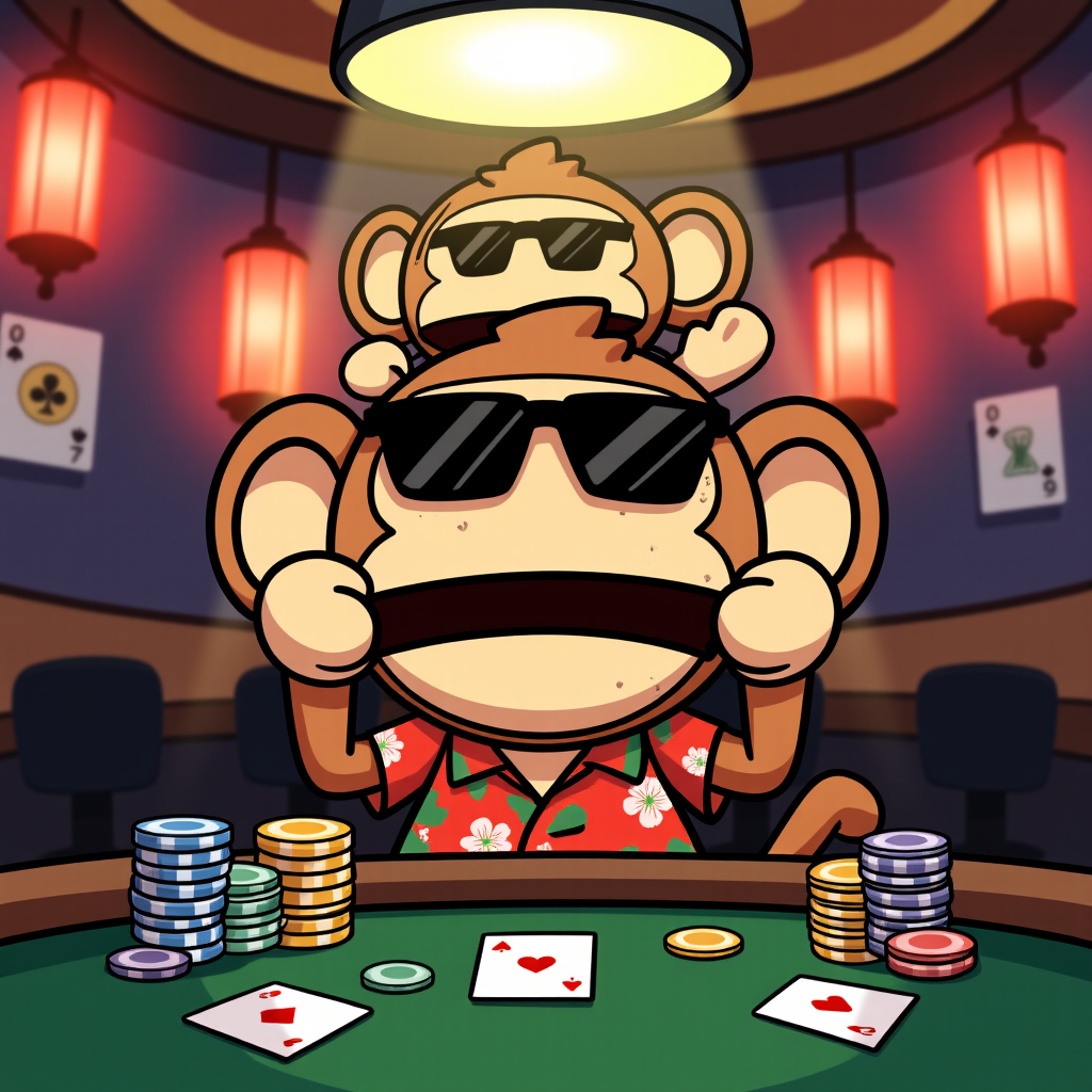 Nervous ape at casino table with yen collector behind him